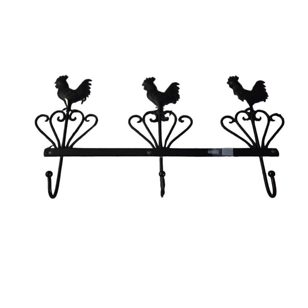 Vintage 3 Hooks Metal Wall Mount Rooster Hat and Key Ring Holder Decor
